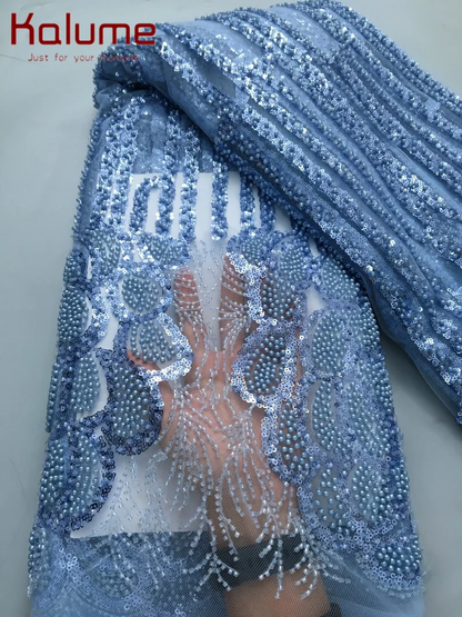 Embroidered African Lace Fabric with Bead Sequins - High-Quality F4138