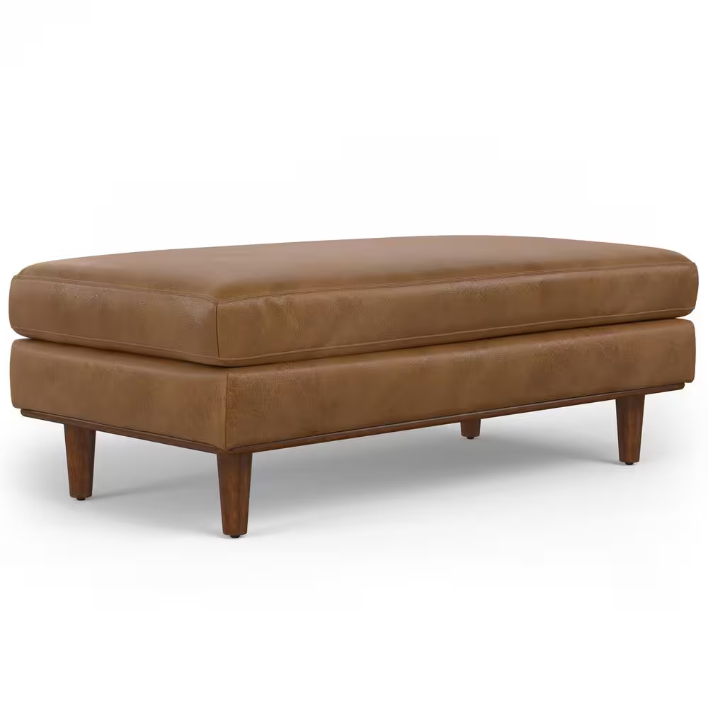 Morrison 49 In. Genuine Leather Large Rectangular Ottoman in Caramel Brown Genui
