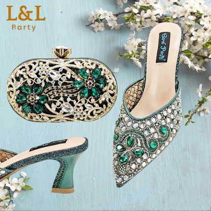 Fashion Nigeria Design Rhinestone-Encrusted Sex Ladies Shoes and Bag High Heels 
