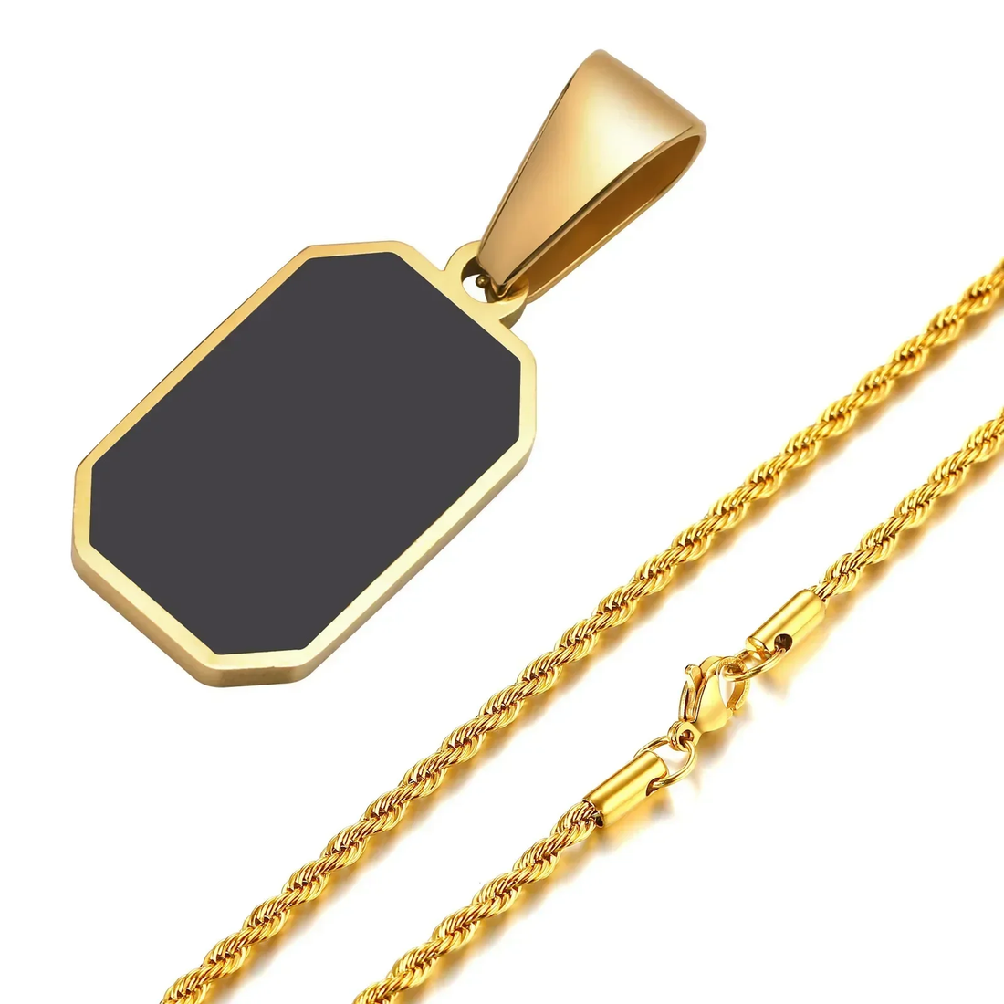 2024 New Gold Color Mens Geometric Square Necklaces for Men Black Enamel Rectang