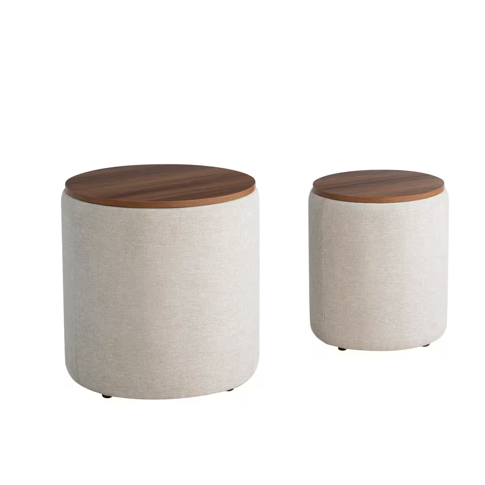 Atlanta Beige Linen round Nesting 2-Piece Storage Ottoman
