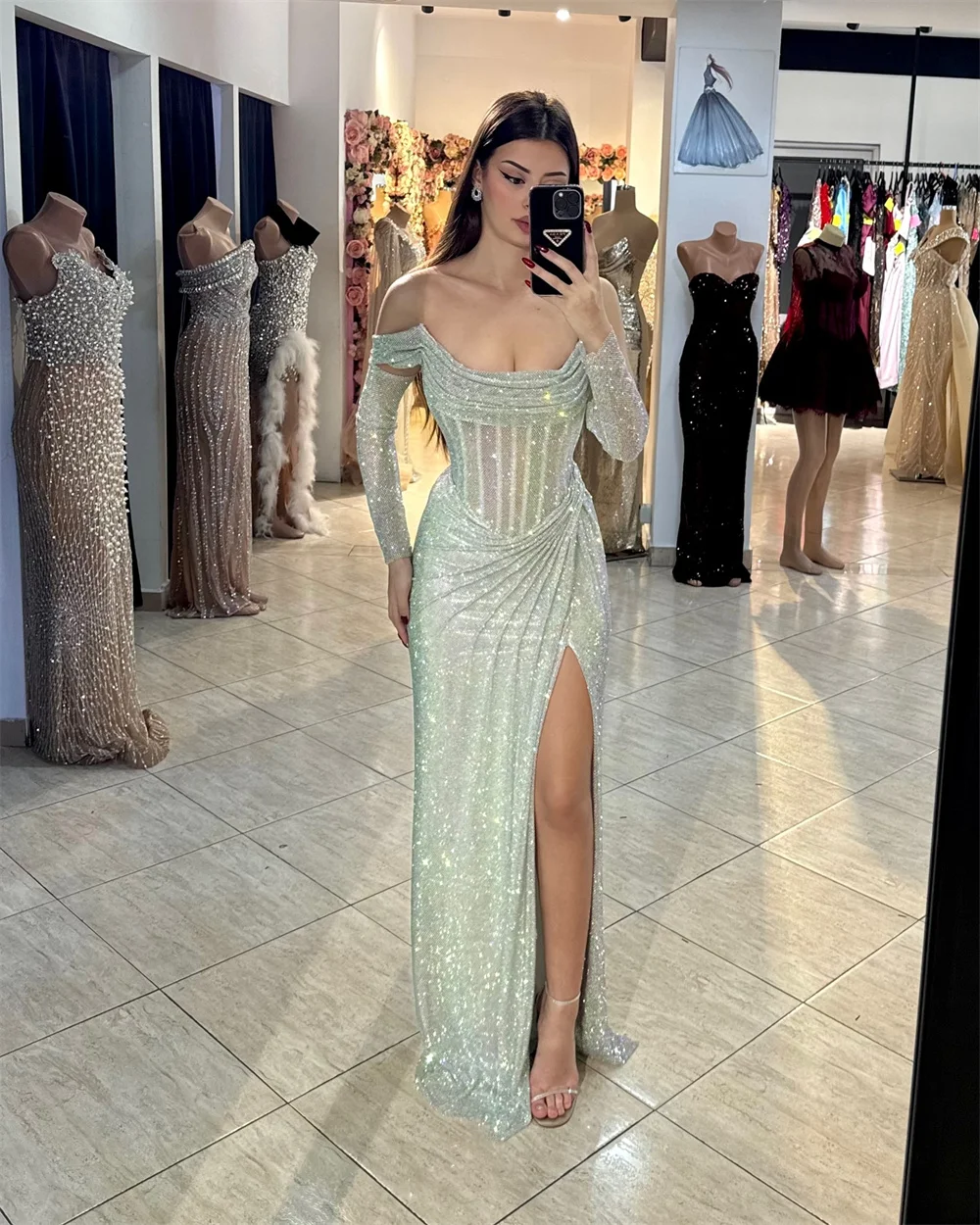 Contessa Dubai Silver Gray Sequin off Shoulder Prom Dresses Long Sleeve Customiz