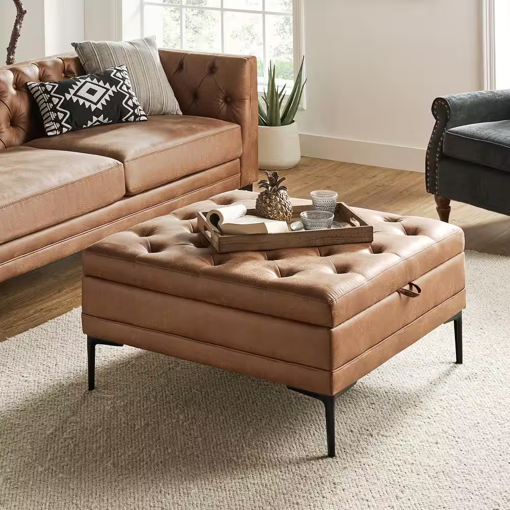 Jeremias Camel Transitional Lift Top Shelved Storage Button-Tufted Cocktail Otto