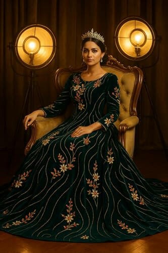 Luxury Royal Green Embroidered Velvet Fabric – Gold &amp; Red Floral Design |