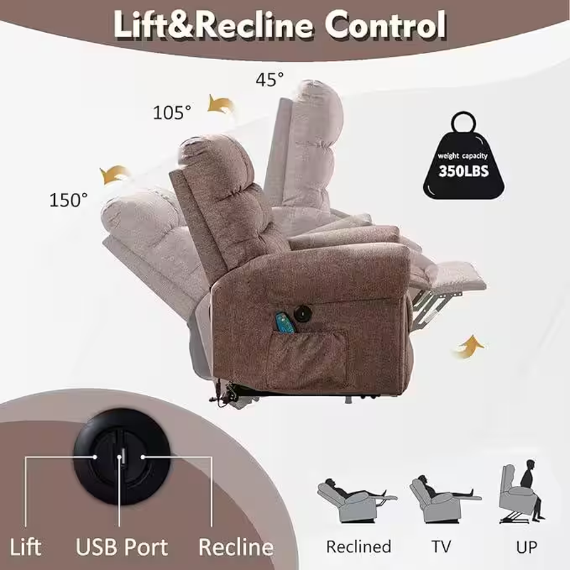 38In.W Taupe Fabric Power Lift Recliner W/ 8-Point Vibration Heating Massage, Ro