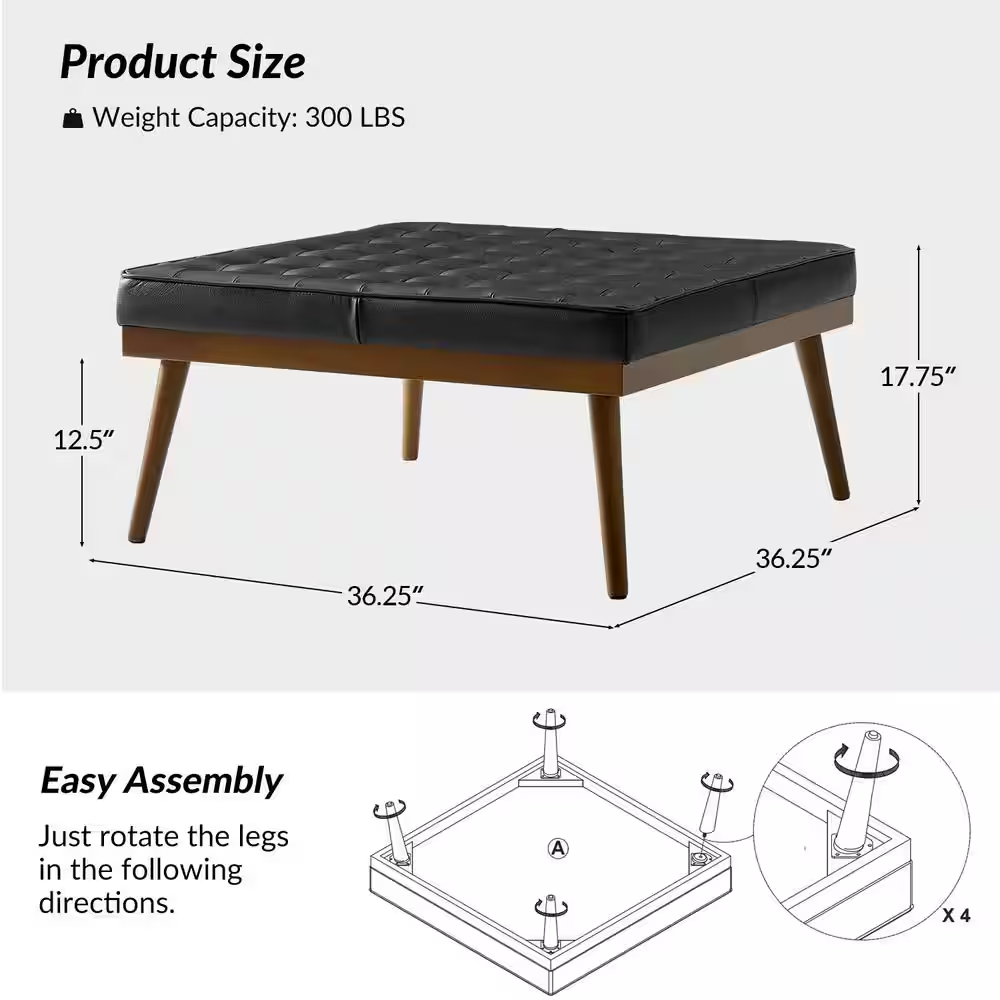 Diana Black Genuine Leather Square Medium Ottoman