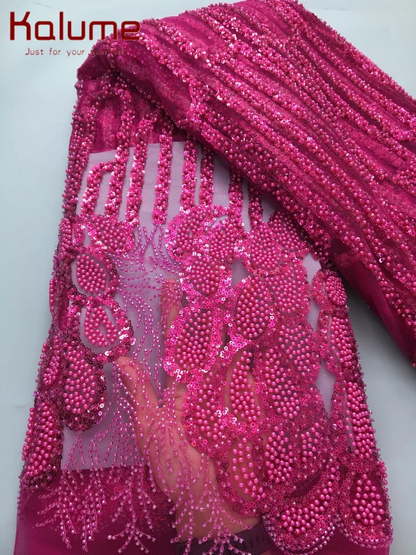 Embroidered African Lace Fabric with Bead Sequins - High-Quality F4138