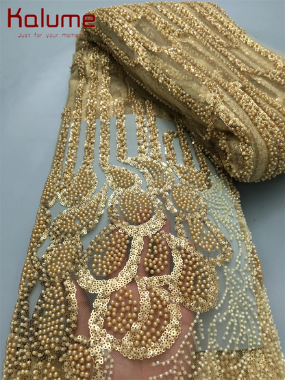 Embroidered African Lace Fabric with Bead Sequins - High-Quality F4138