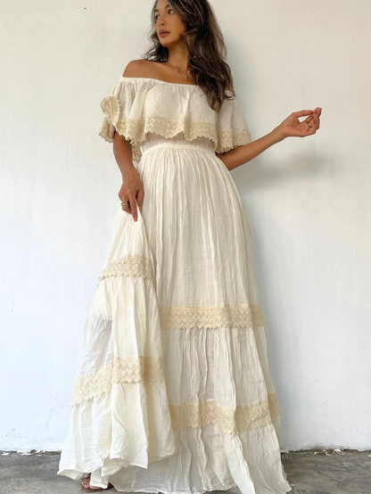 Elegant Floral Print Maxi Dress with Lace V-Neck and Long Sleeves for Women