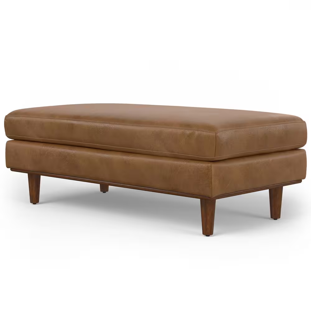 Morrison 49 In. Genuine Leather Large Rectangular Ottoman in Caramel Brown Genui