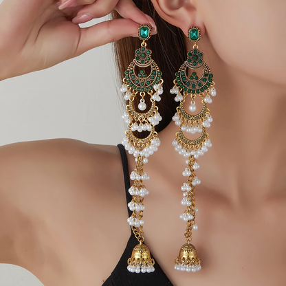 Elegant Vintage Gold-Tone Geometric Crystal and Pearl Long Earrings for Women