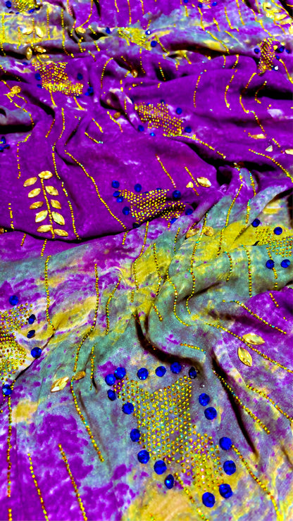 Luxury Indian Embroidered Chiffon Fabric - Purple with Gold Embroidery - Soft Lightweight Bridal &amp; Designer Wear Fabric for Dresses, Dupattas &amp; Crafts - 1 Yard