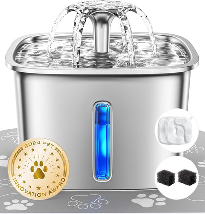 Innovation Award Winner Stainless Steel Cat Water Fountain, 95Oz/2.8L Automatic Pet Fountain Dog Water Dispenser with Replacement Filters &amp; Silicone Mat for Cats, Dogs, Multiple Pets (Silver)