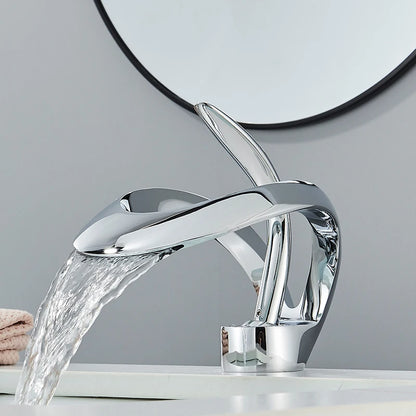 Solid Brass Waterfall Basin Faucet Single Handle Hot Cold Water Mixer Tap For Bathroom Sink