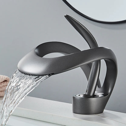Solid Brass Waterfall Basin Faucet Single Handle Hot Cold Water Mixer Tap For Bathroom Sink