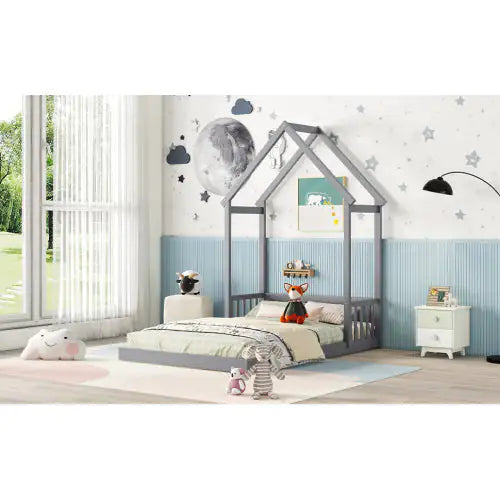Grey Full Roof-frame Floor Bed with Guardrails