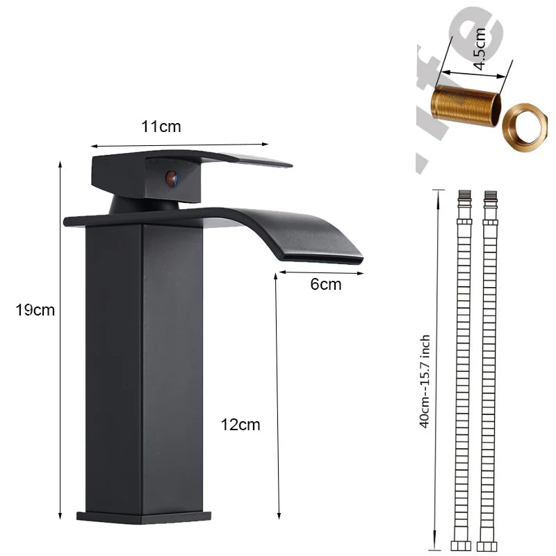 Black Waterfall Bathroom Faucet Basin Vanity Vessel Sinks Mixer Tap Cold And Hot Water Tap Single Hole Bath Sink Faucets Crane