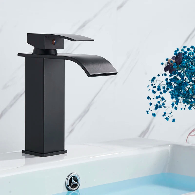 Black Waterfall Bathroom Faucet Basin Vanity Vessel Sinks Mixer Tap Cold And Hot Water Tap Single Hole Bath Sink Faucets Crane