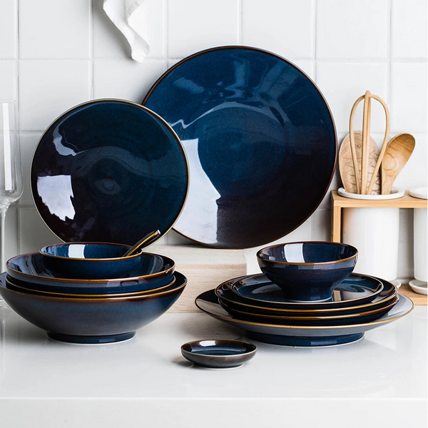 1pcs  Deep Blue Color Ceramic Tableware European Retro Glazed Dinnerware Pottery Porcelain Dish Plate Household Rice Dish
