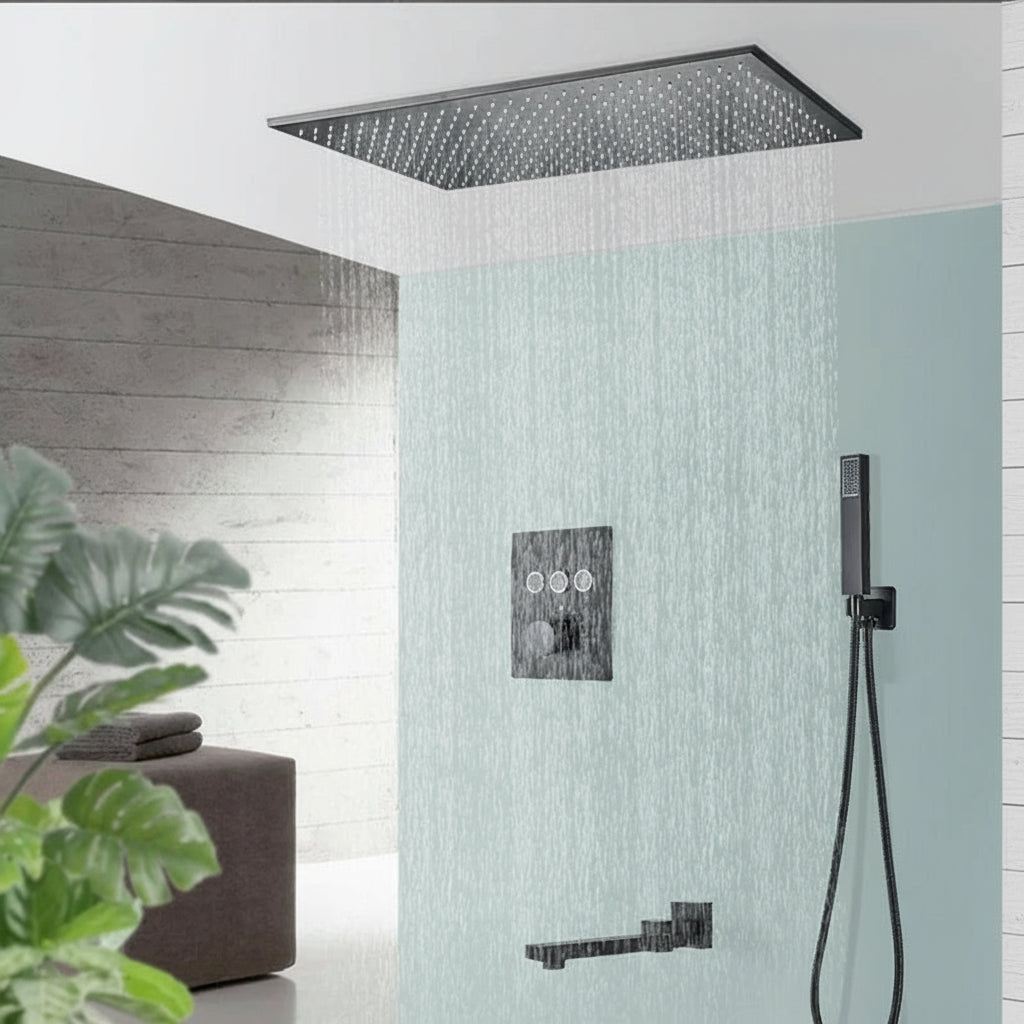 Rozin Matte Black Thermostatic Shower Faucet Concealed Install Bathroom Faucets Ceiling Rainfall Big Size Head Shower Mixer Tap