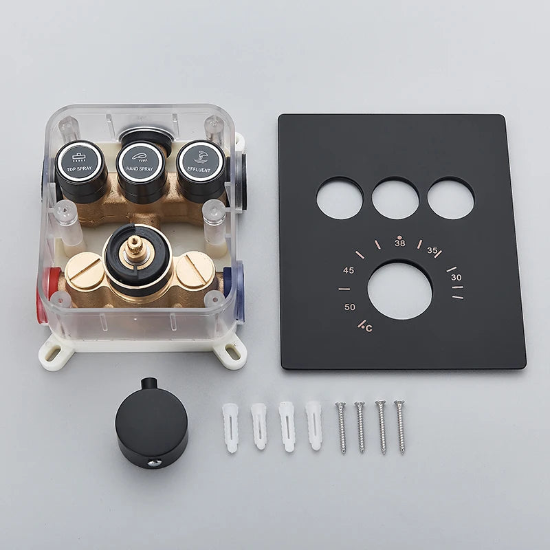 Black Thermostatic Bathroom Shower Faucet Set Remote LED Rainfall Head Faucets Crane 3 Way Concealed Embedded Hot Cold Mixer Tap