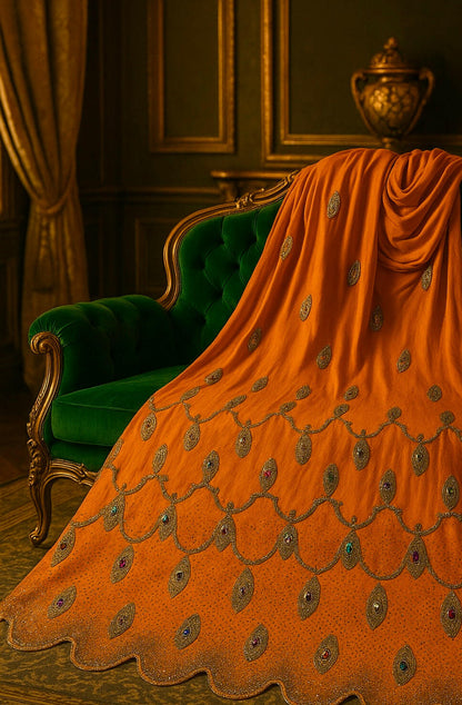 Luxury Hand-Embellished Orange Fabric – Royal Diamond Stonework | Premium Formal Wear Material - Mohammad collection