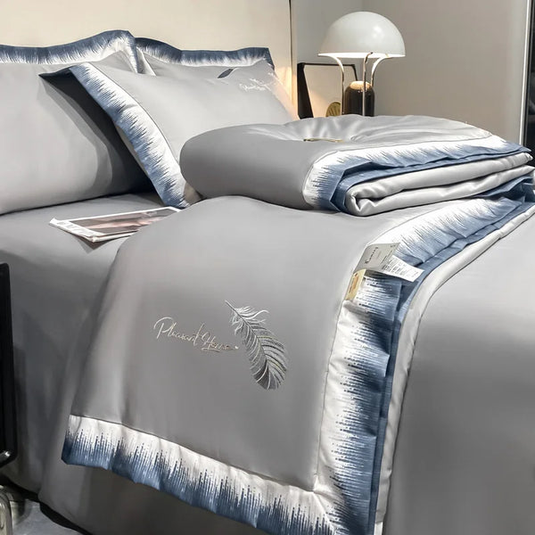 High-end Feather Embroidered Summer Blanket Comfortable Can Sleep Naked Air Conditioner Quilt Queen Machine Washable Thin Duvet