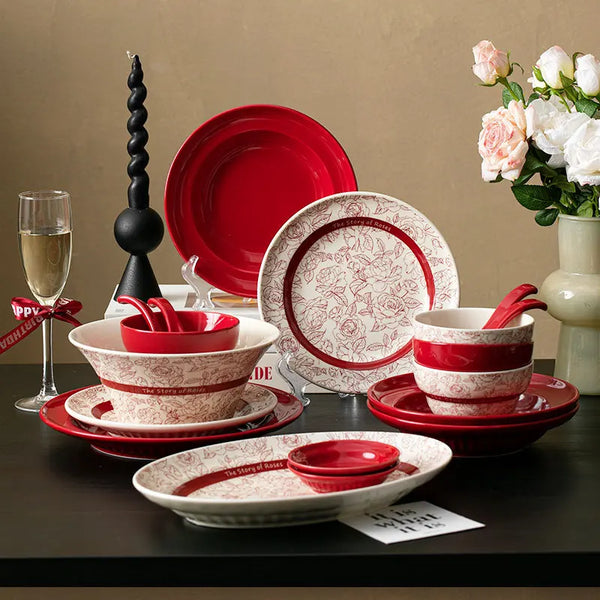 NEW Red Retro Ceramic Plate Steak  Plates Bowl Dinner Dish Fish Plate Spoon Luxurious Porcelain Dinnerware Set For Christmas