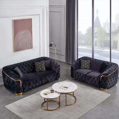 Modern luxury velvet Chesterfield Lounge sofa set with gold base and wooden legs for villa living room
