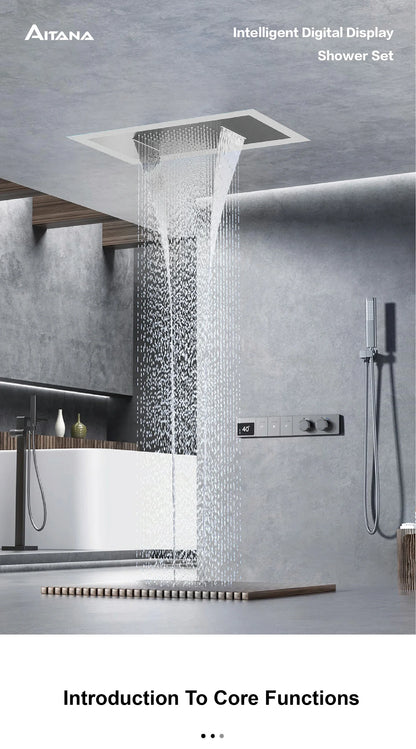 Luxury brass gun gray ceiling constant temperature shower system LED digital display hot and cold water embedded bathroom faucet