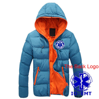 2025 Autumn Winter EMT Emergency Ambulance Print Contrast Color Design Cotton Jacket Men Casual Hooded Cold Prevention Down Coat