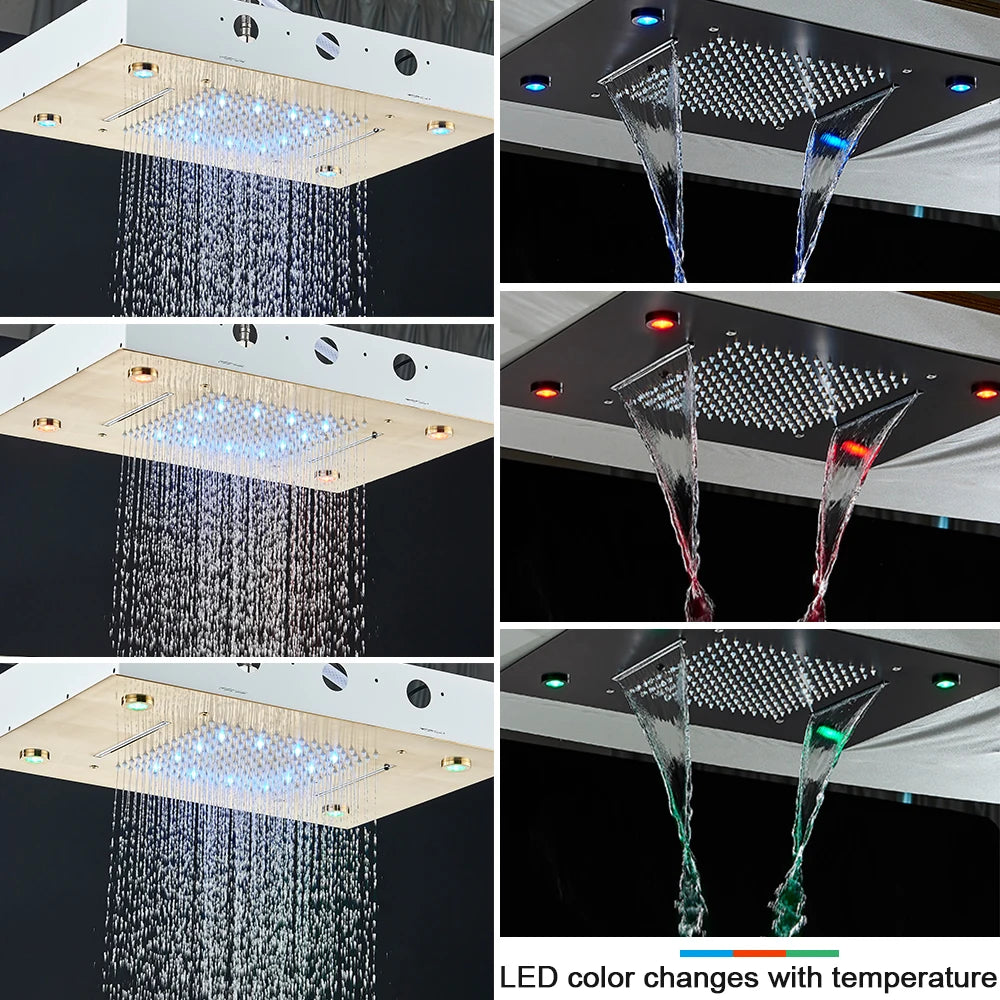 Black Thermostatic Bathroom Shower Faucet Set Remote LED Rainfall Head Faucets Crane 3 Way Concealed Embedded Hot Cold Mixer Tap