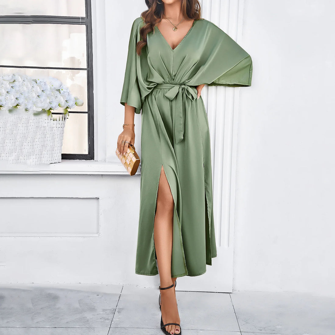 2025 Dress Women Female Clothing Fashion Elegant Evening Party Dresses High Waist V-Neck Loose Dresses