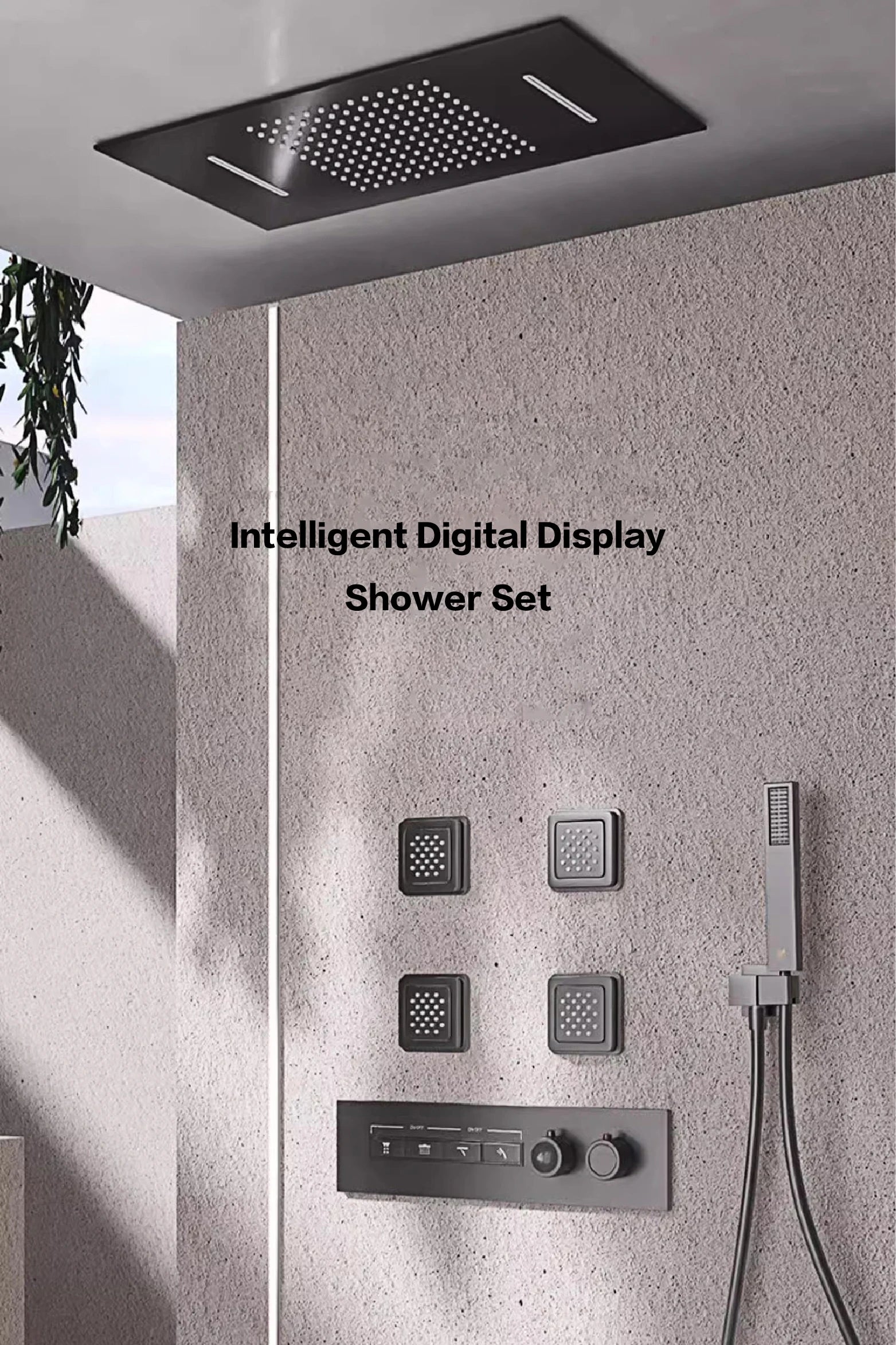 Luxury gun gray brass shower system with ceiling design Hidden LED digital display Dual control of Hot &amp; Cold  bathroom Faucet
