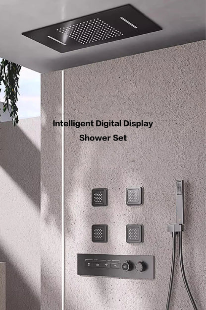Luxury gun gray brass shower system with ceiling design Hidden LED digital display Dual control of Hot &amp; Cold  bathroom Faucet