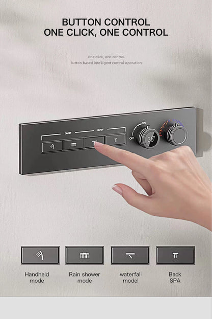 Luxury gun gray brass shower system with ceiling design Hidden LED digital display Dual control of Hot &amp; Cold  bathroom Faucet