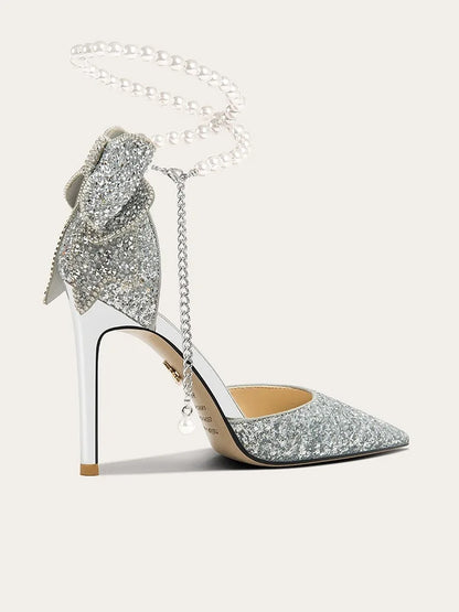 French new pointy shallow mouth temperament elegant sequin bow high heels women&