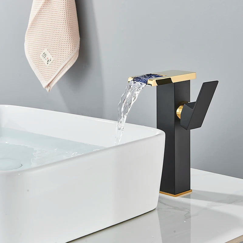 Luxury LED Black Basin Faucet Tall And Short Tap Bathroom Single Handle Cold and Hot Water Flow Produces Electricity