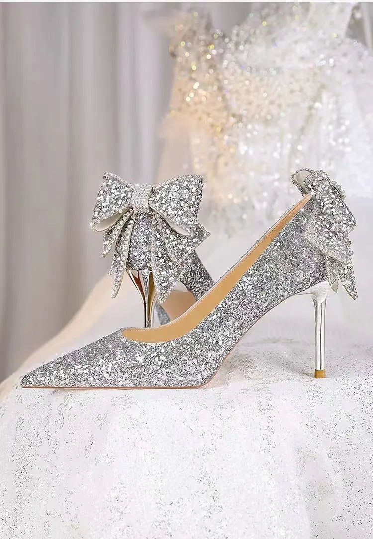 Silver Crystal Soft Leather High Heels Women&