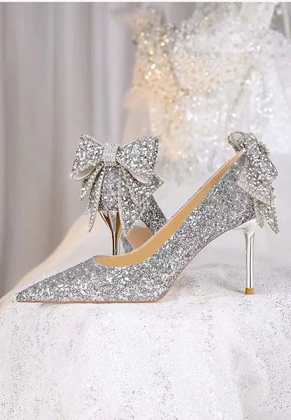 Silver Crystal Soft Leather High Heels Women&