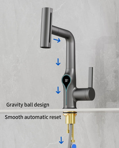 Waterfall Temperature Digital Display Basin Faucet Lift Up Down Stream Sprayer Hot Cold Water Sink Mixer Wash Tap For Bathroom