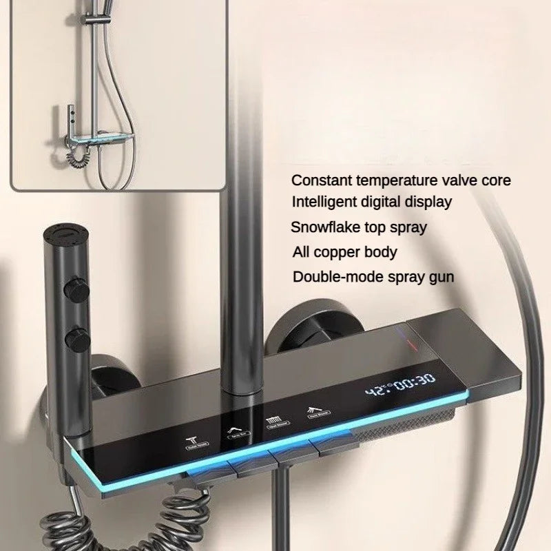 Grey shower Set Four-Function Smart Digital Display  Shower System Rainfall Pressurized Wall-mounted Piano Key Shower Faucet Set