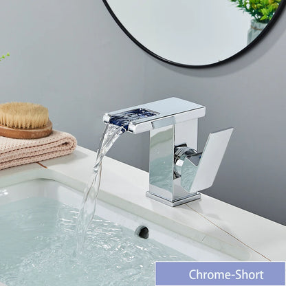 LED Bathroom Sink Faucet Brass Waterfall Faucet BlackBathroom Hot/Cold Mixer Crane Deck Mounted Wash Sink Taps Single Handle Tap