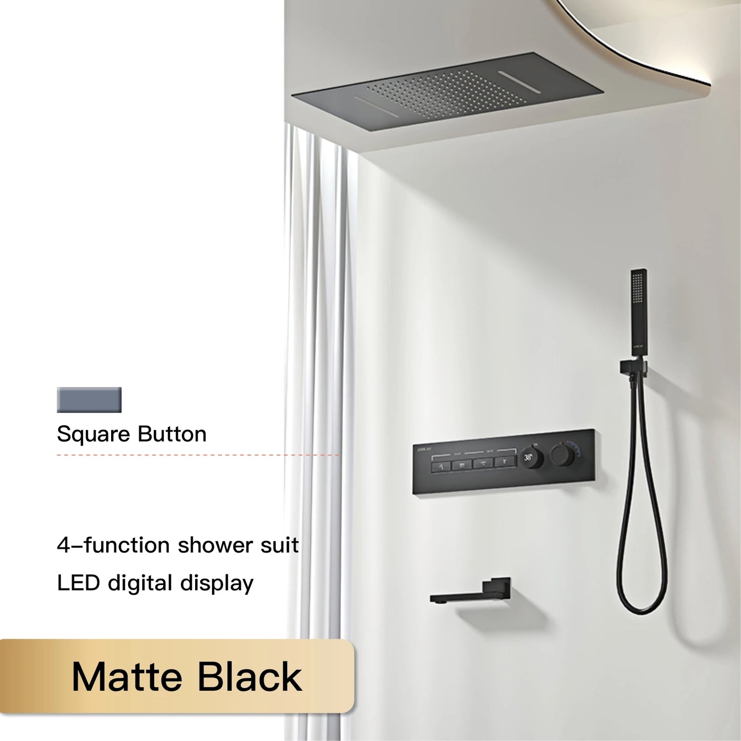 Luxury  black brass shower system wall-mounted LED digital display design Cold &amp; hot dual-control 4-function ceiling shower Tap
