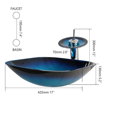ZAPPO Tempered Glass Bathroom Vessel Sink with Waterfall Black Faucet Tap Bathroom Oval Blue Vessel Sinks Above Counter Basin