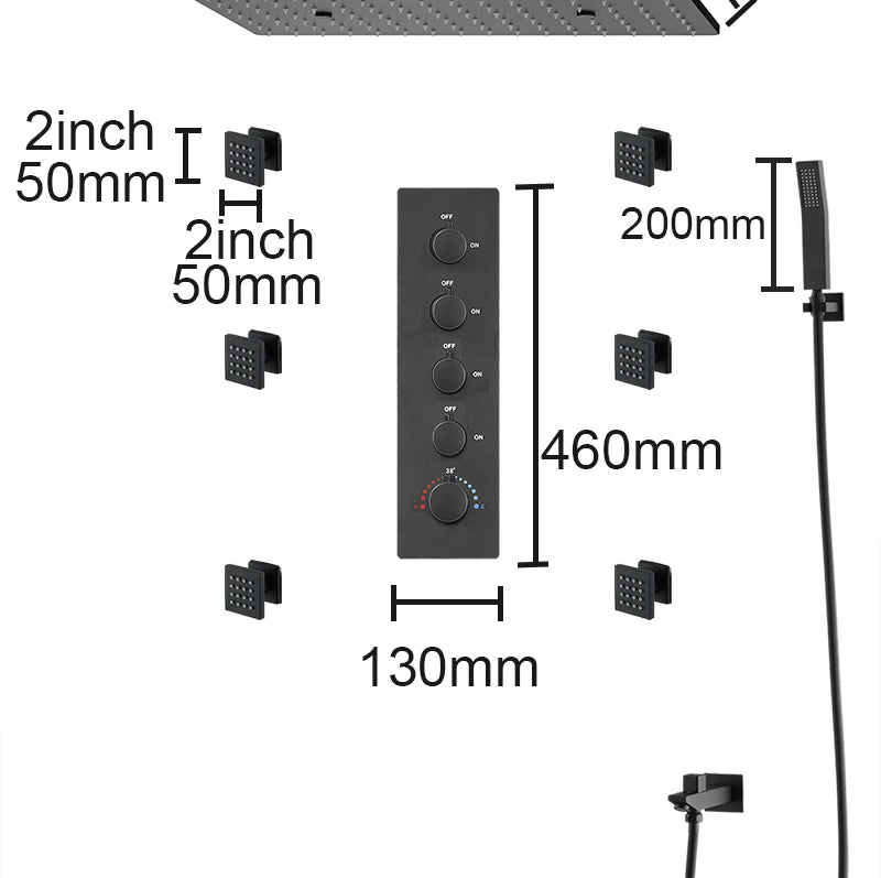 Luxury 16/20 Inch 400/500mm Rainfall Mist Spray LED Shower Head Set Constant Temperature Valve Mixer With Side Massage Jets