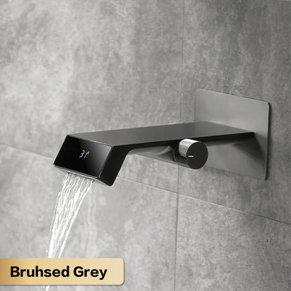 Luxury gun gray brass bathroom faucet LED digital display design, hot and cold water in wall type single handle basin faucet