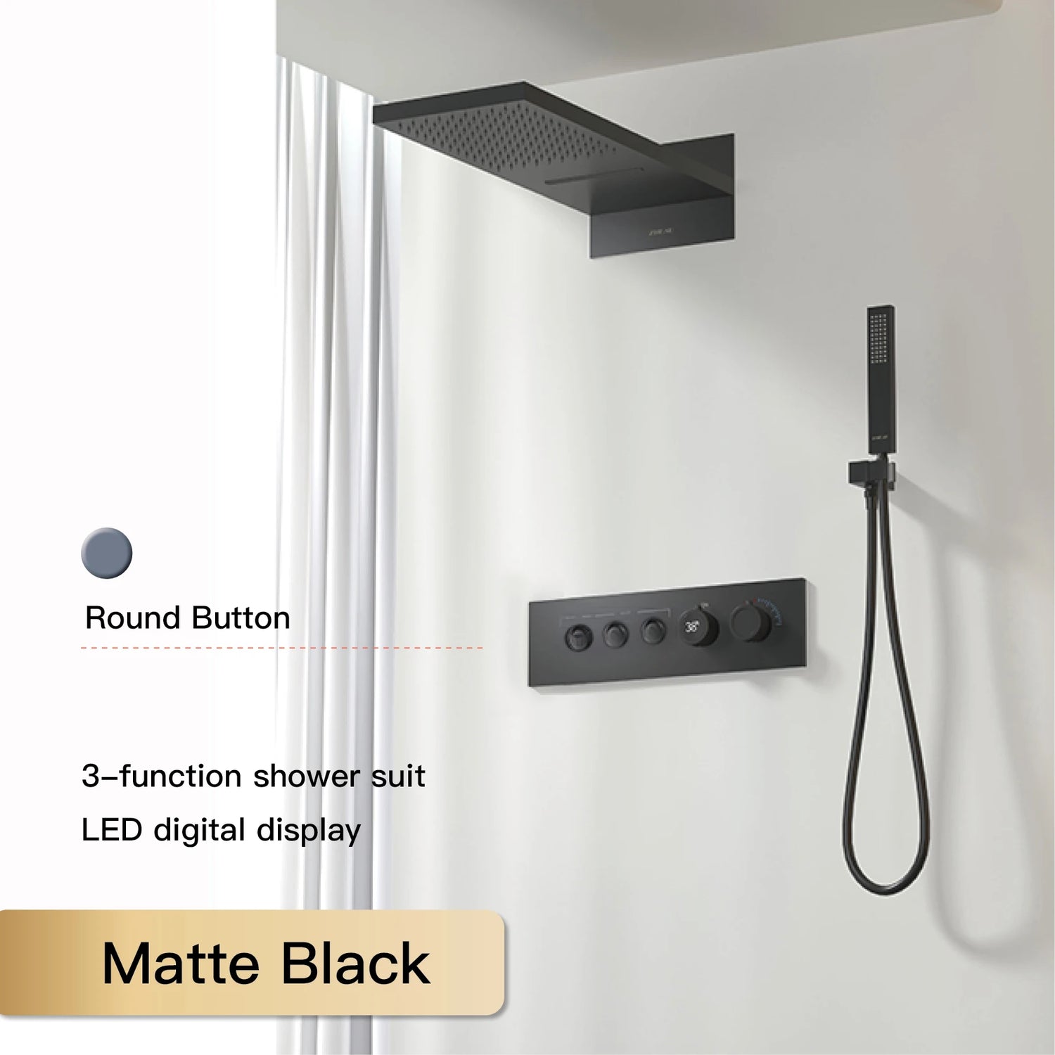 Luxury  black brass shower system wall-mounted LED digital display design Cold &amp; hot dual-control 4-function ceiling shower Tap
