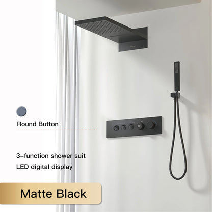Luxury  black brass shower system wall-mounted LED digital display design Cold &amp; hot dual-control 4-function ceiling shower Tap