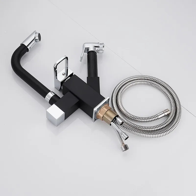 kitchen Sink Faucet Black Deck Mounted Flexible Pull Out Mixer Tap Hot Cold Kitchen Faucet Spring Spout Chrome Silver Faucet